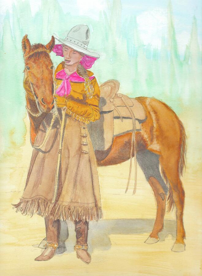 Retro Cowgirl with Pink Scarf and Horse Painting by Carla E