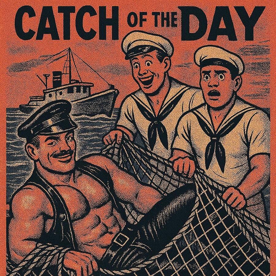 Alpha Dom Art Retro Gay Leather Humor Catch Of The Day Tom of Finland ...