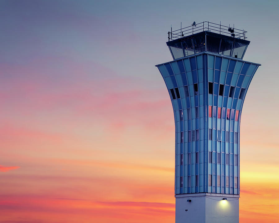 Sunset Over an Air Traffic Control Tower Photograph - Retro Restoration by Slow Fuse Photography
