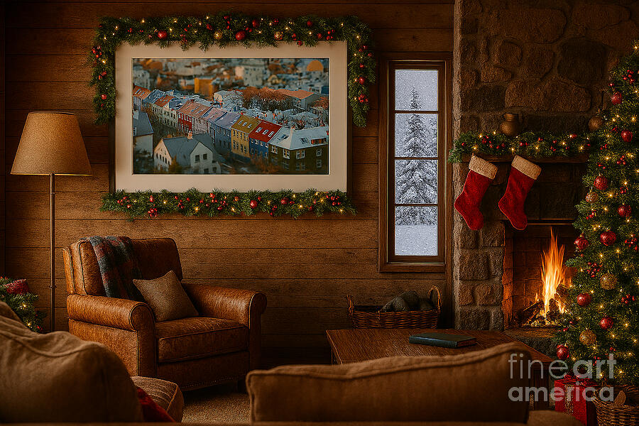Cozy Holiday Living Room Scene Photograph - My Reykjavik Houses  Print  on A Wall by Debra Banks