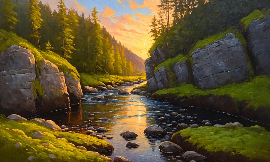 River with rocks covered in moss at sunset - digital painting Digital Art by Nicko Prints