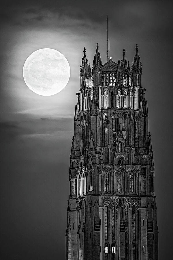 Rockefeller Cathedral And Strawberry Moon BW Photograph by Susan Candelario