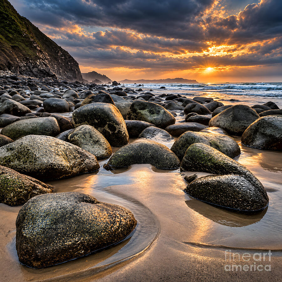 Large rounded boulders covering Campelo beach under a dramatic orange sunset sky in Ferrol, Galicia