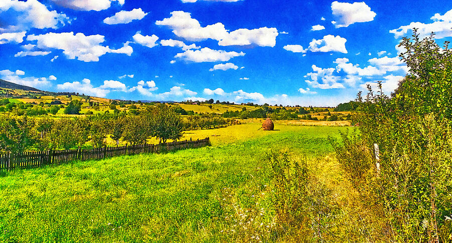 Rural landscape with pasture and fruit trees - watercolor painting effect Digital Art by Nicko Prints