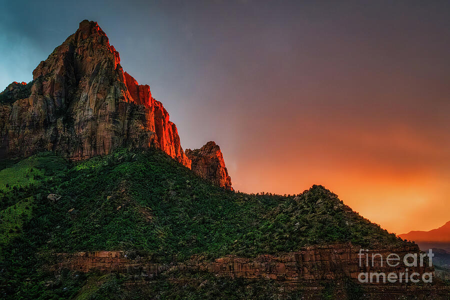 Sunset Over Dramatic Mountain Peak Photograph - Sacred Sunset at Zion by Dodie Ross