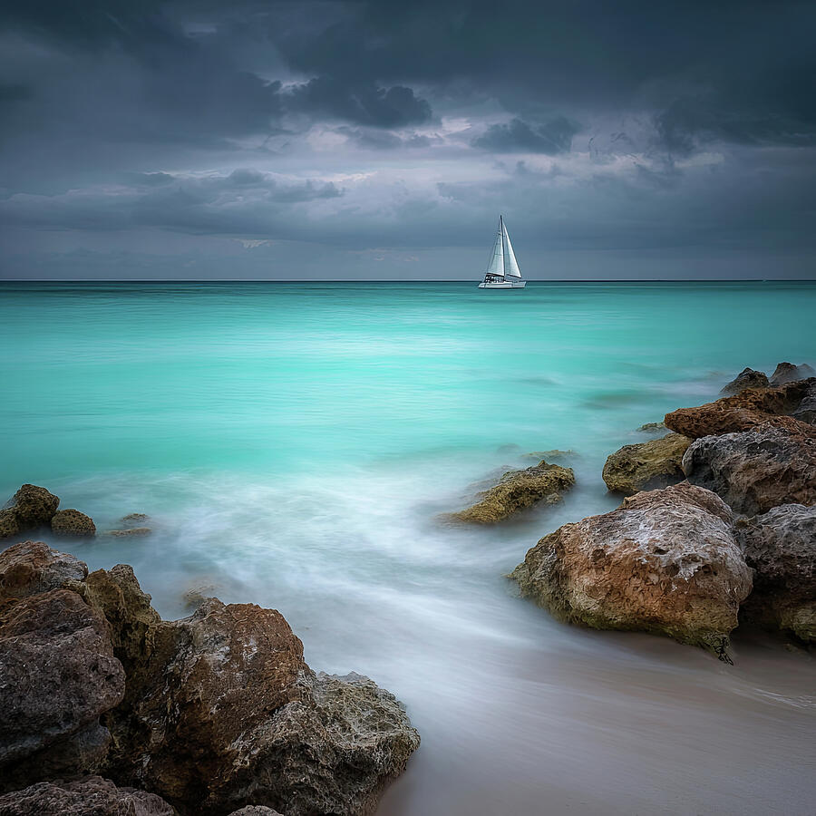 Sailboat on a Turquoise Sea Ai Art - Sailing With Overcast Skies by Gian Smith