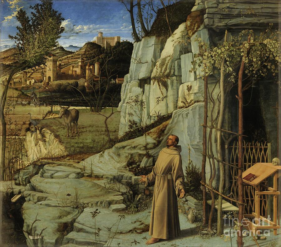 Giovanni Bellini, Saint Francis in the Desert, late 1470s: Saint Francis stands barefoot outside his rocky cave with open arms, a donkey and a heron in the valley and a walled town on a hill behind