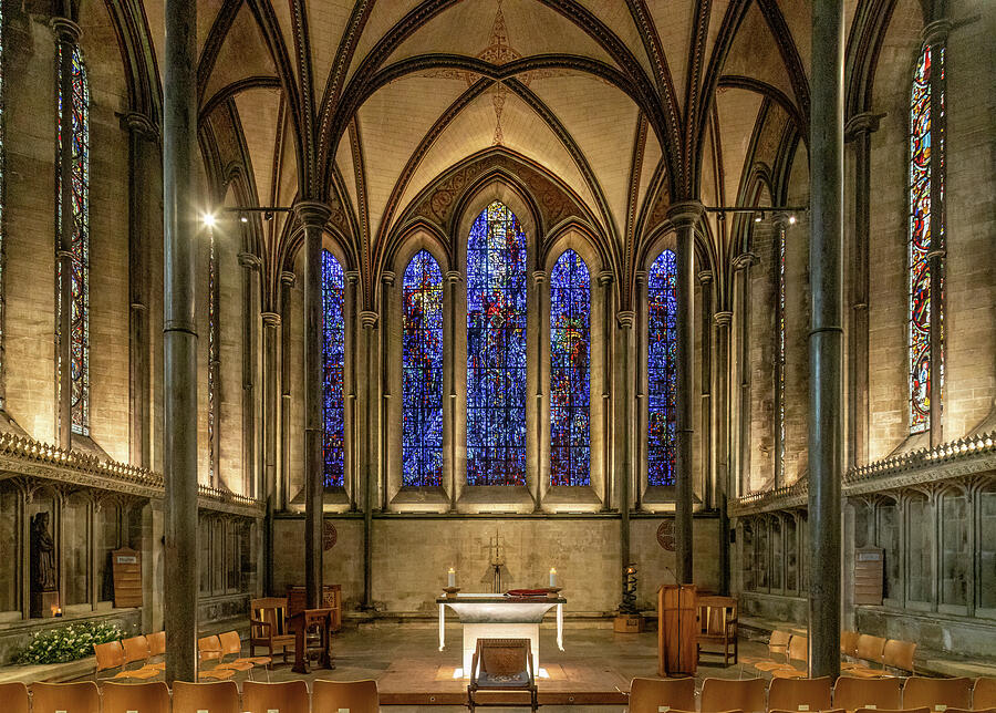 Gothic Cathedral Interior with Stained Glass Photograph - Salisbury Cathedral Altar #1 by Shirley Mitchell
