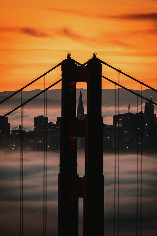 San Francisco At Sunset With Golden Gate Bridge Silhouette Photograph by Printed View