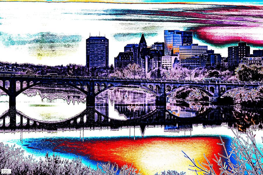 Colorful Urban Skyline Reflection Photograph - Sask- Skyline by Alex John Bergerman