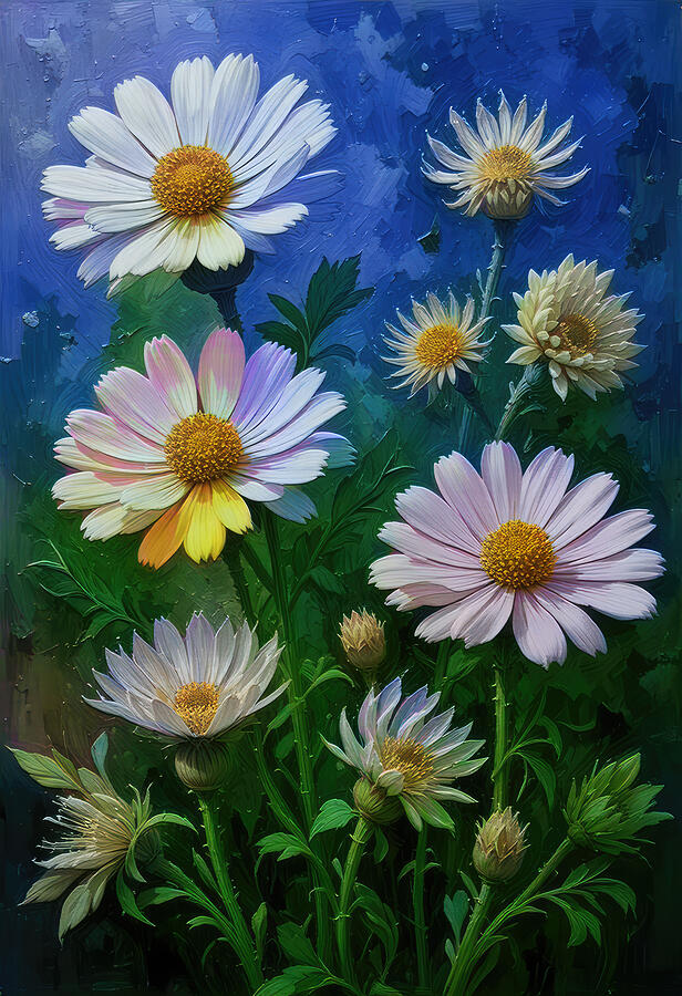 Vibrant Daisies in Bloom Digital Art - Scabiosa Flower Oil Painting by Nature Oil Painting