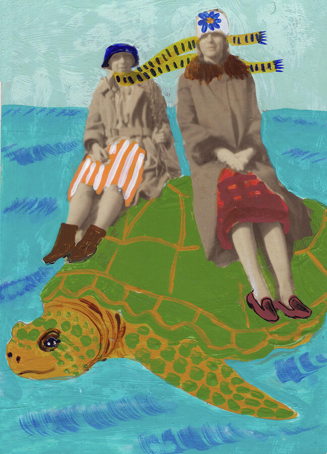 Ladies Riding Turtle Sea Turtle Taxi Ride for Two Traveling Ladies by Jo Potocki