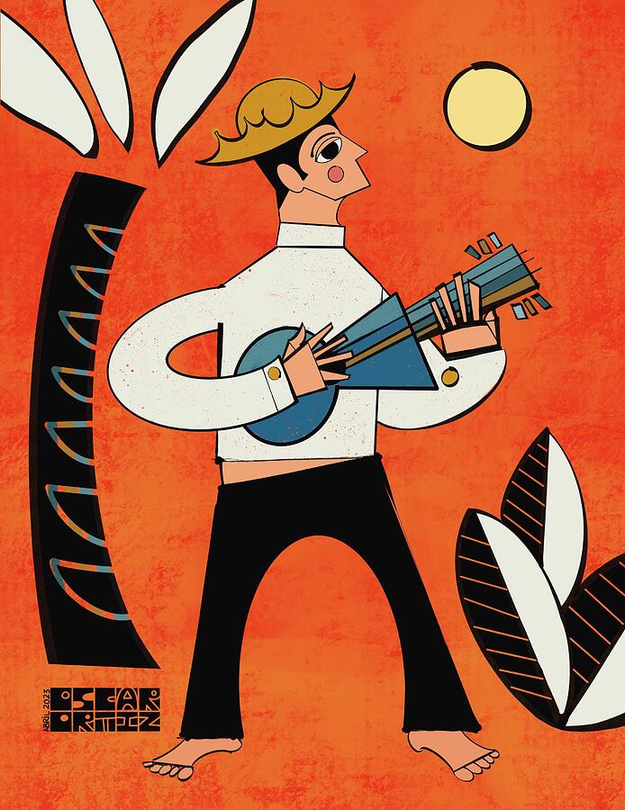 Stylized Guitar Player with Crown Digital Art - Sencillamente Jibaro by Oscar Ortiz