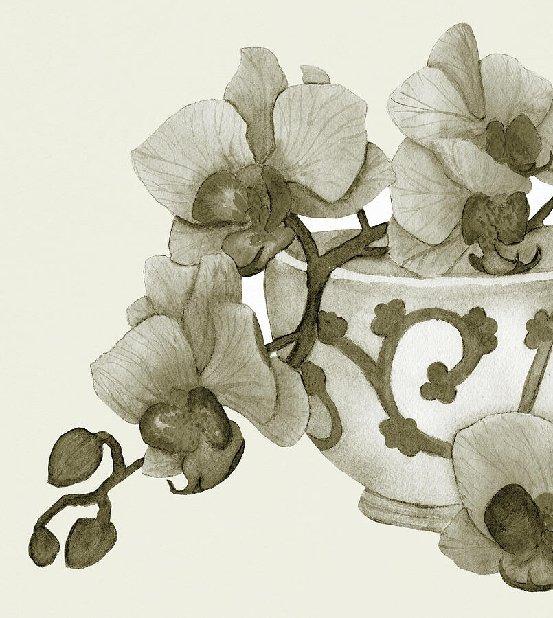Sepia Orchid Botanical in Decorative Porcelain Vase by Deborah League