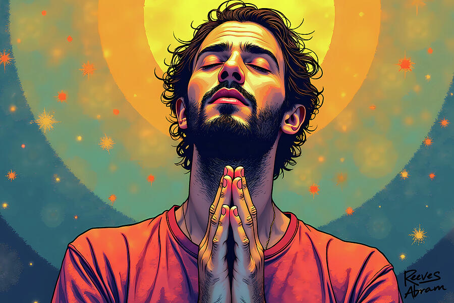 Praying Man - Serenity in Cosmic Light Mixed Media by Reeves Abram - Pastor Reeves Studio - Metal Posters