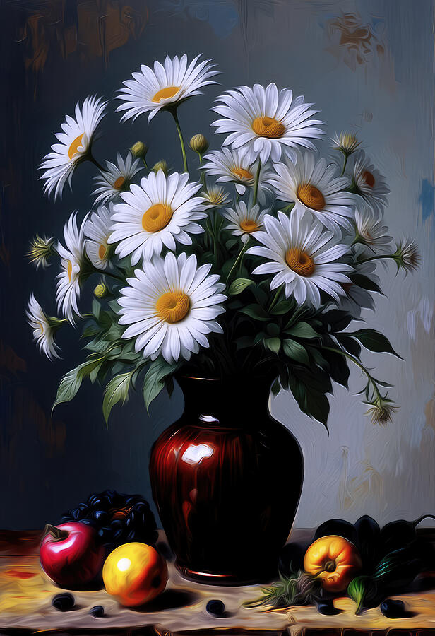 Daisies in a Vase with Fruit Digital Art - Shasta Daisy Flower Oil Painting by Nature Oil Painting