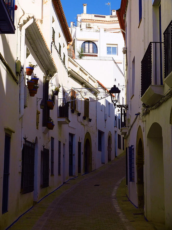 Narrow Mediterranean Alleyway Photograph - Sitges Spain Narrow Street Print Mediterranean White Alley Color Fine Art Photography by Travel Essayist