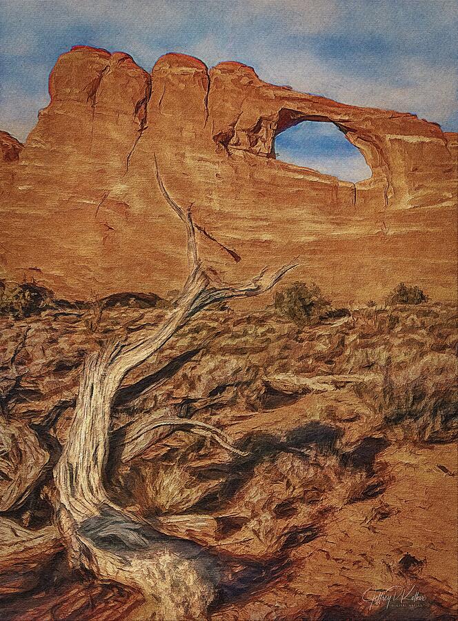 Dramatic Desert Arch and Tree Painting - Skyline Arch by Jeffrey Kolker