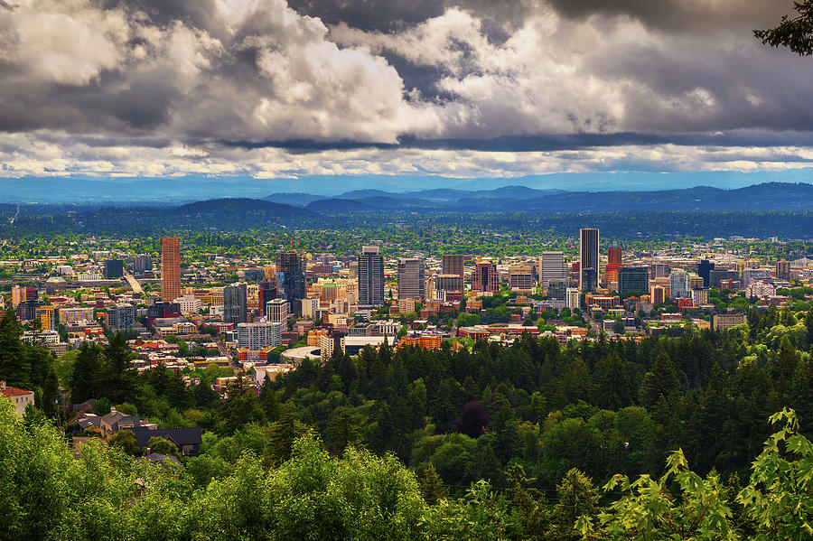 Skyline of Portland, Oregon from Pittock Mansion viewpoint Photograph by Miroslav Liska