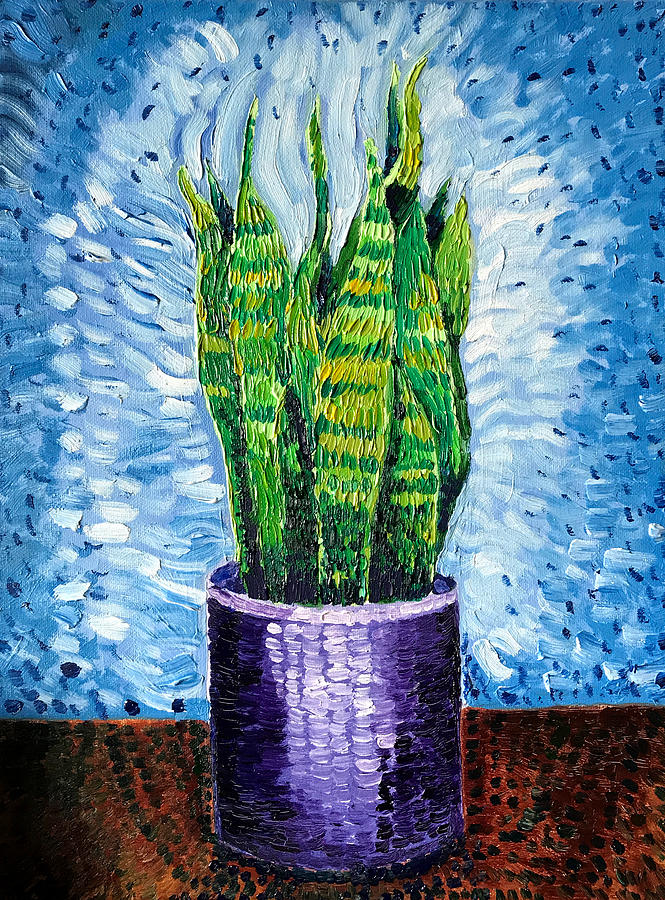 A Snake Plant in a Purple Pot Still Life Painting by Michel Cruz-Garcia