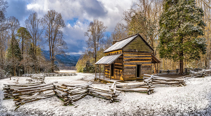 Snow at John Olivers Cabin in the Smoky Mountains National Park Photograph by Jimmy Pappas