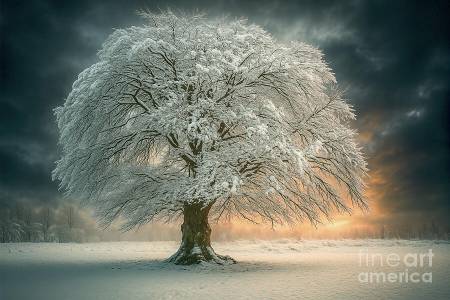 Majestic Snow-Covered Tree at Sunset Photograph - Snow-Covered Oak Tree at Sunset by Kype Hills