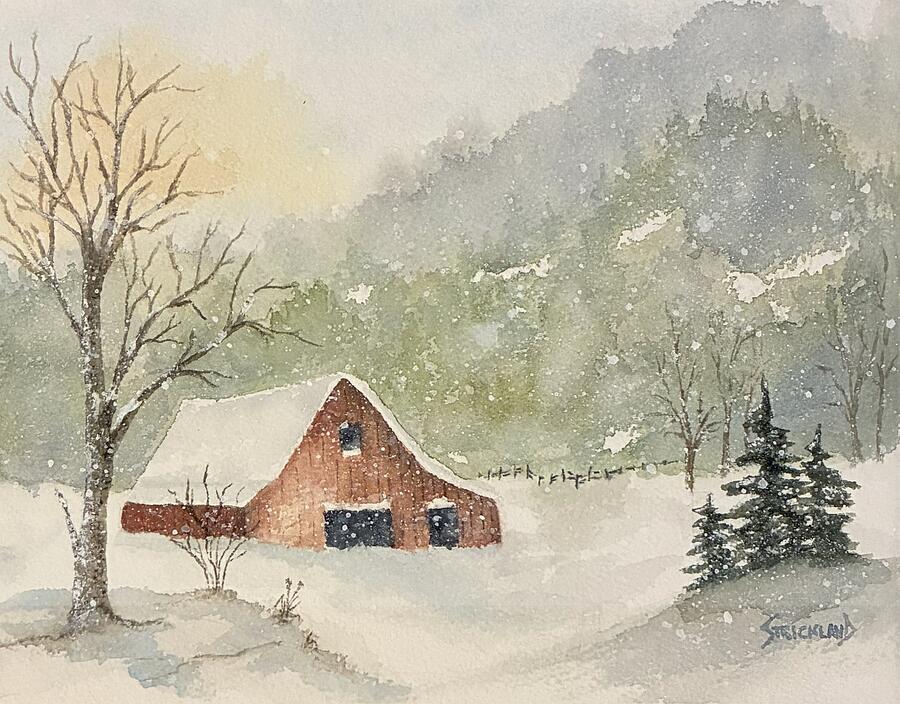 Snowy Barn Painting by Judy Strickland