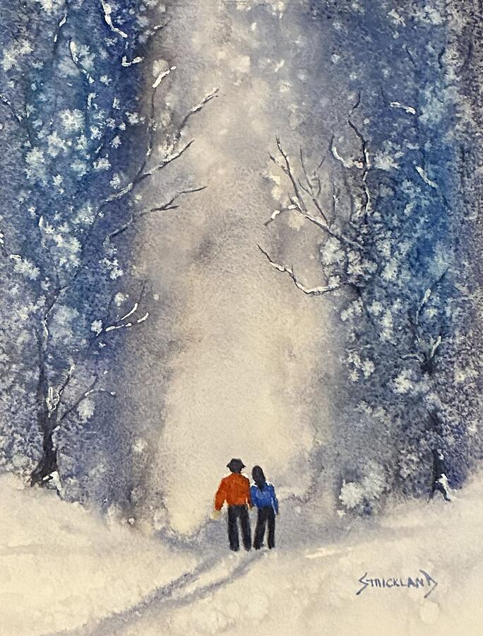 Couple Walking Through a Snowy Forest Painting - Snowy Evening by Judy Strickland