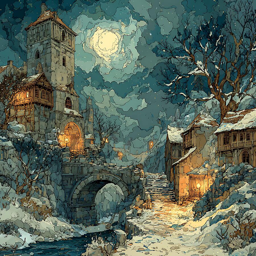 Snowy Medieval Town At Night Medieval Town Winter Village Quiet ...