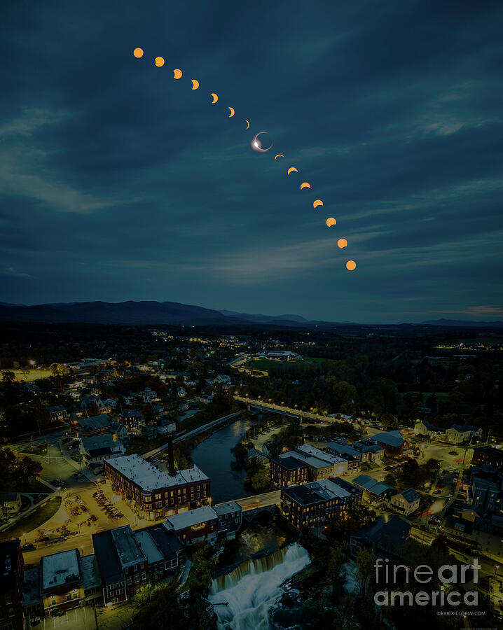 Solar eclipse over Middlebury Falls, Vermont Photograph by Eric Killorin