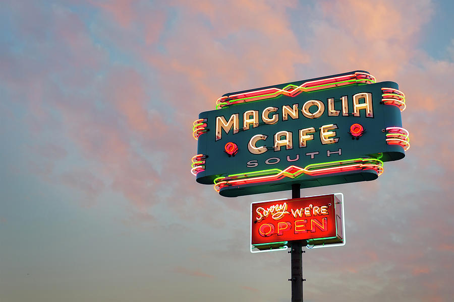 Magnolia Cafe Neon Sign at Sunset Photograph - Sorry We Are Open by Slow Fuse Photography