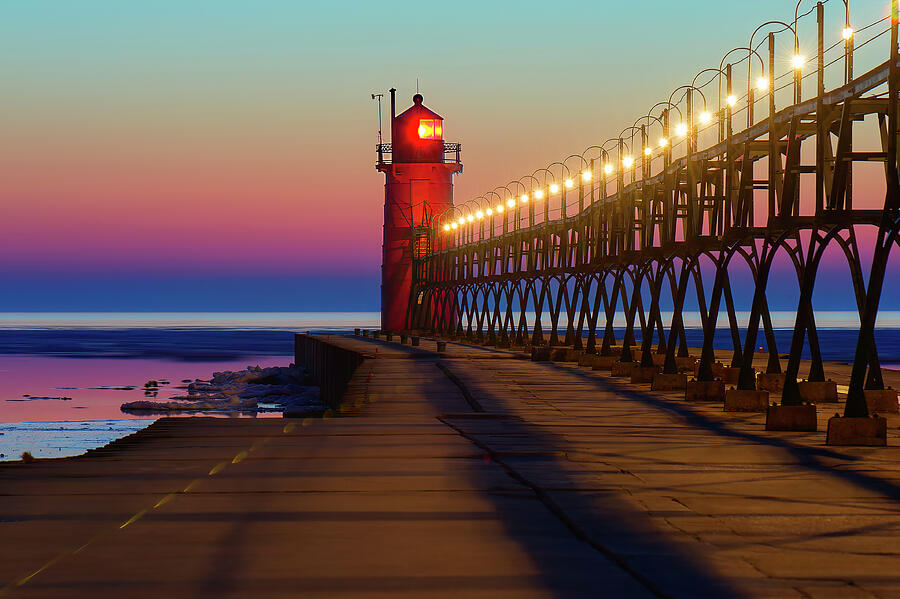 Lighthouse at Sunset Photograph - South Haven Lighthouse at Sunset by Michael Collins