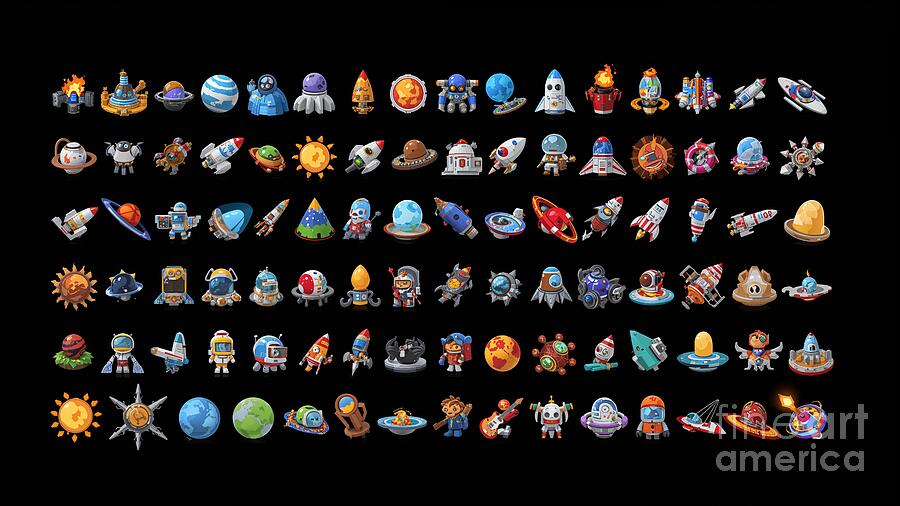 Space exploration videogame sprites collection on black background ...