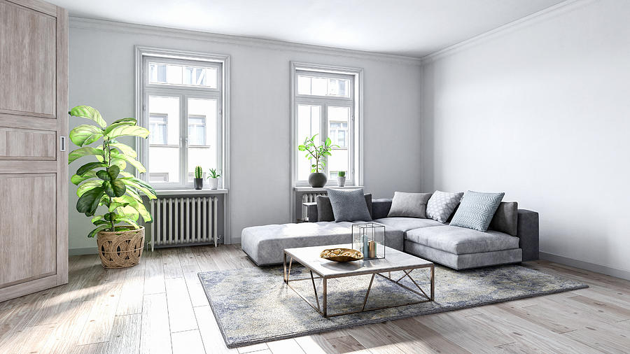 Spacious empty living room with wooden flooring Drawing by Westend61