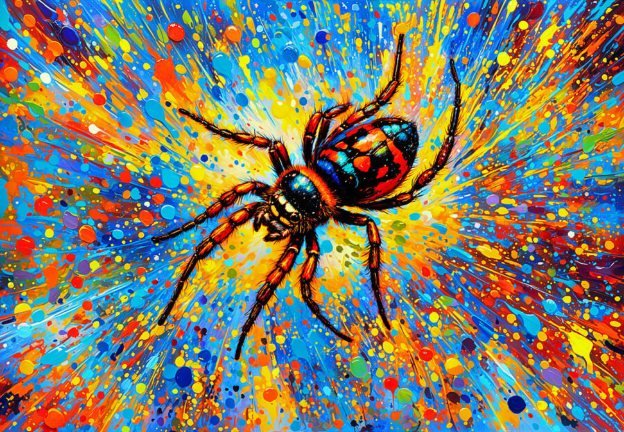 Spider in the center of a colorful painterly background in blue, yellow and red Digital Art by Nicko Prints