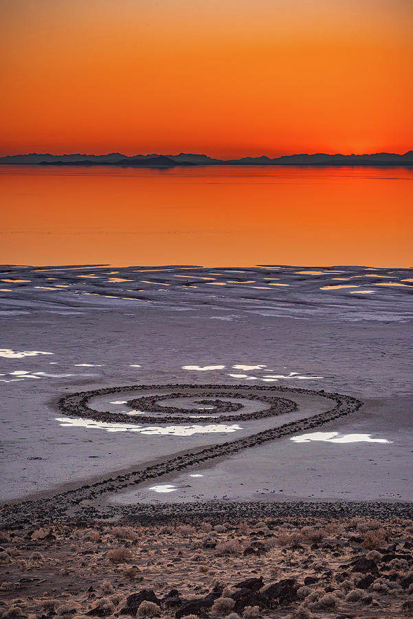 Spiral Jetty Sunset, Great Salt Lake, UT - Vertical Photograph by Abbie Warnock