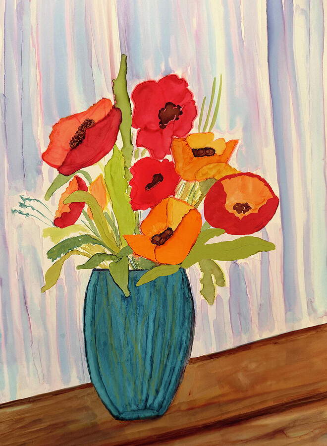 Sunlit Poppies in a Blue Vase by Deborah League