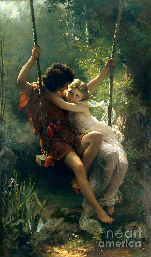 Pierre-Auguste Cot, Springtime, 1873: a young couple embraces on a rope swing in a sunlit forest, the girl in a transparent white gown