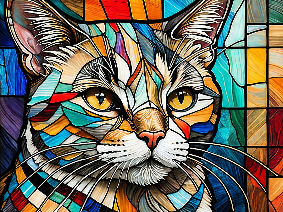 Golden-Eyed Cat Mosaic Vibrant Stained Glass Style Digital Art by Deborah League