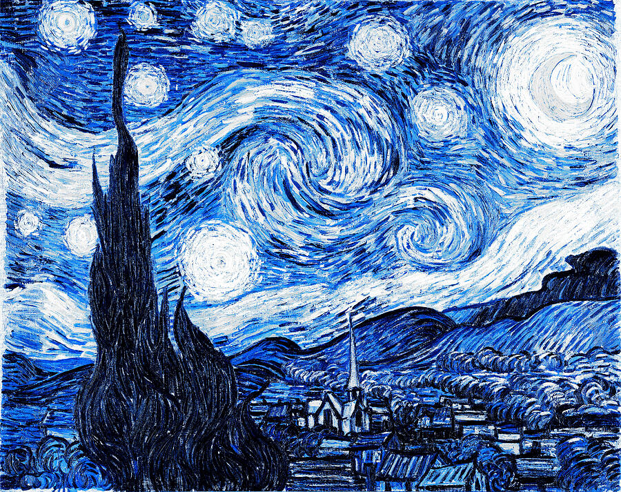 Starry Night Sky Over Village Digital Art - Starry Night by Van Gogh colored in blue hues and enhanced by Nicko Prints