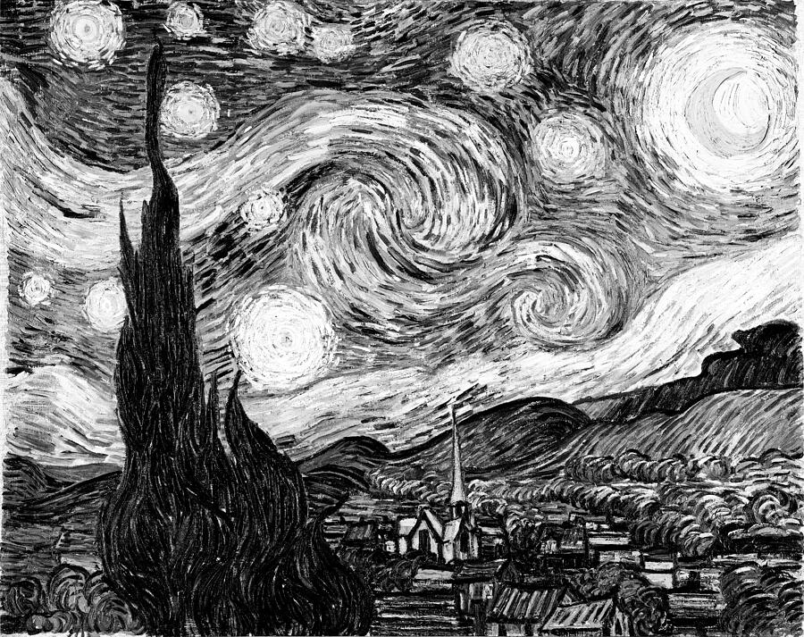 Starry Night Monochrome Digital Art - Starry Night by Van Gogh in black and white by Nicko Prints