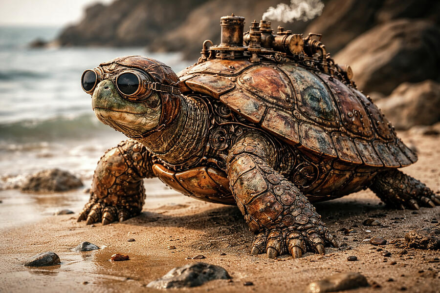 Steampunk Turtle on the Beach Digital Art by All Things - Metal Posters