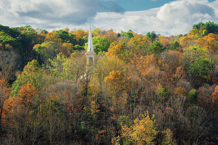 Church Spire in Autumn Forest Photograph - Steeple in the Autumn Trees by Dave King