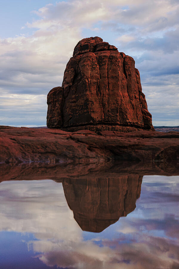 Majestic Desert Rock Formation Photograph - Still Water, Stone Standing, Arches National Park Reflection Landscape Photography by Robert Niemeier