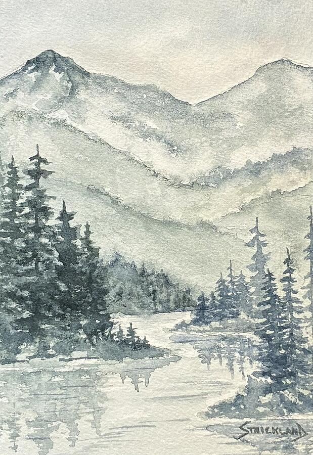 Mountain Landscape in Watercolor Painting - Stillness Between the Peaks by Judy Strickland