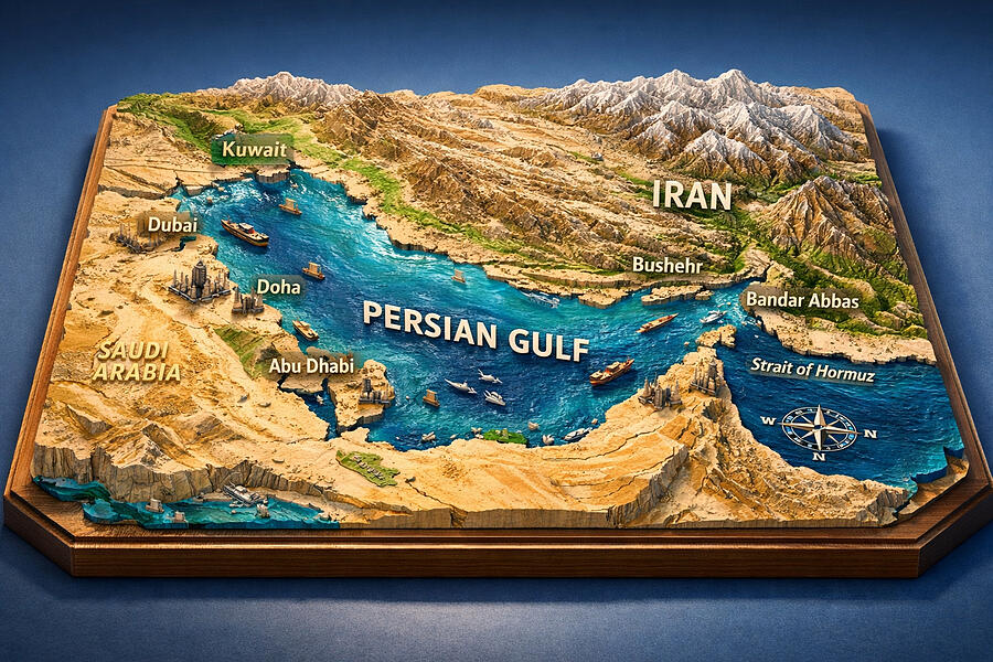 Gulf Map Stunning 3D Persian Gulf Map - Coastal Cities and Strait of Hormuz ...