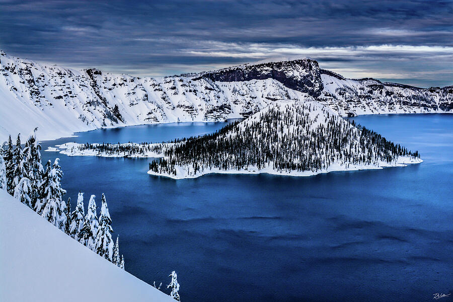Snowy Island in Blue Lake Photograph - Stunning Winter at Crater by Russell Wells