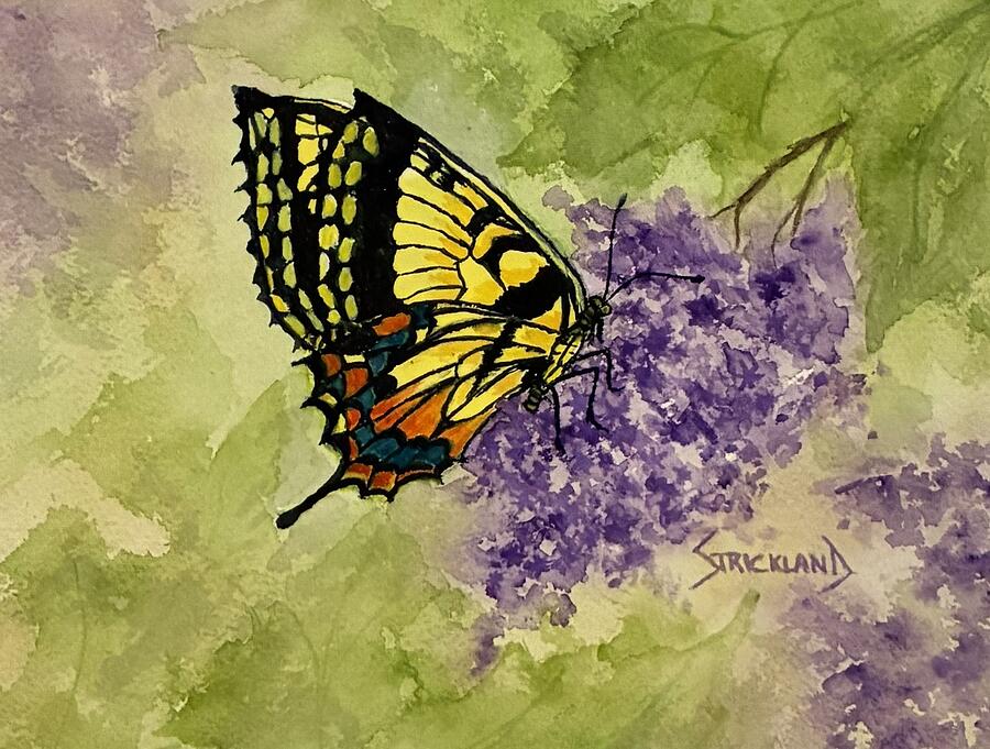 Butterfly on Purple Flowers Painting - Summer Nectar - An Eastern Tiger Swallowtail Butterfly by Judy Strickland
