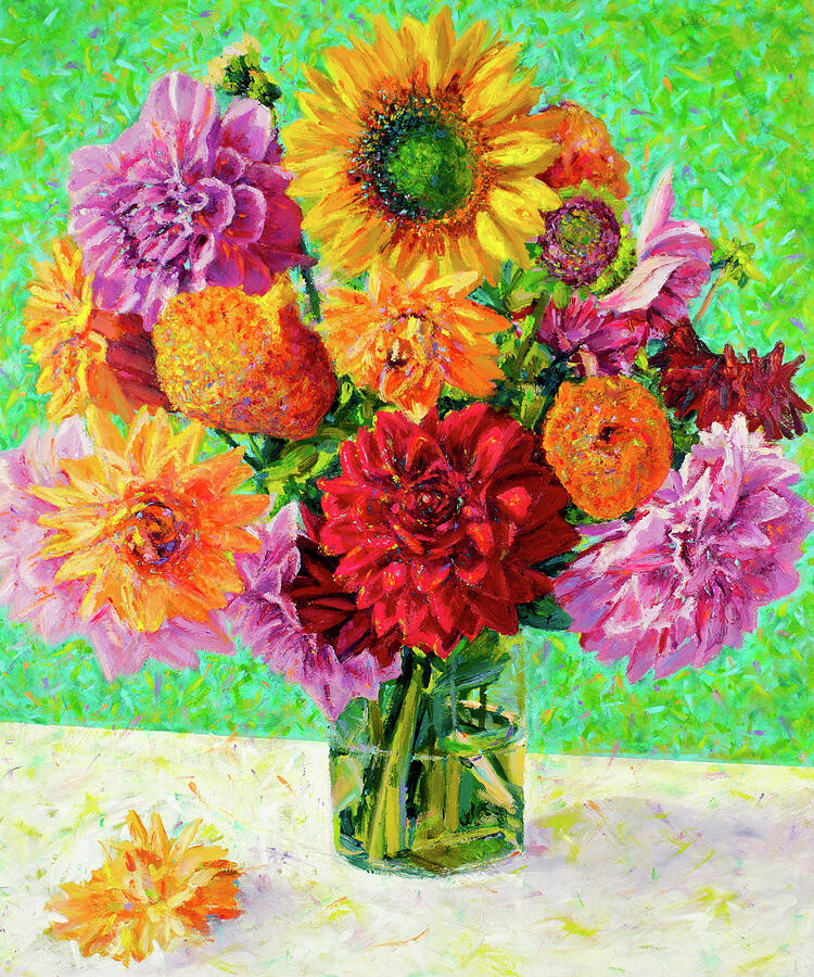 Sunflower and Dahlia Oil Finger Painting - Bright Floral Wall Art