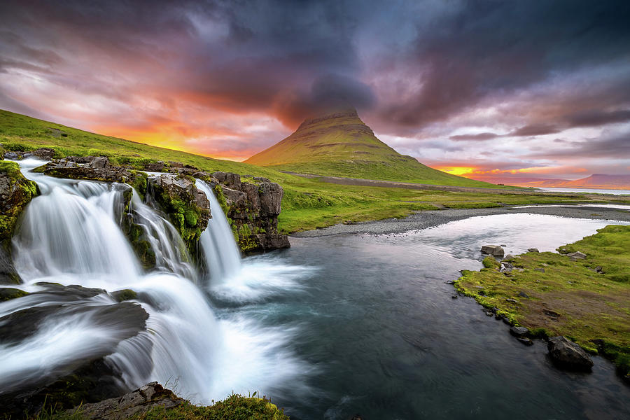 Sunset at Kirkjufellsfoss Lower Falls Photograph by Richard DeYoung